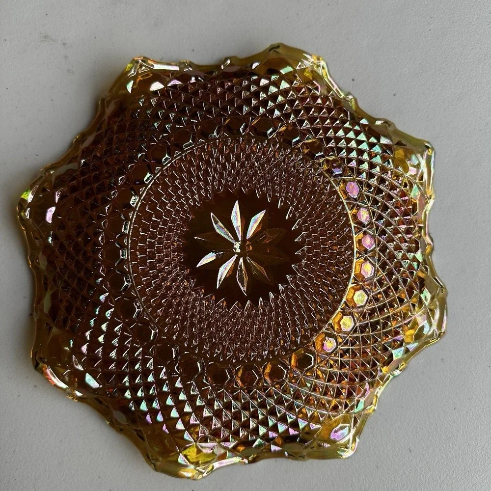 Vintage Indiana Glass Amber Carnival Plate Iridescent Diamond Point Starburst